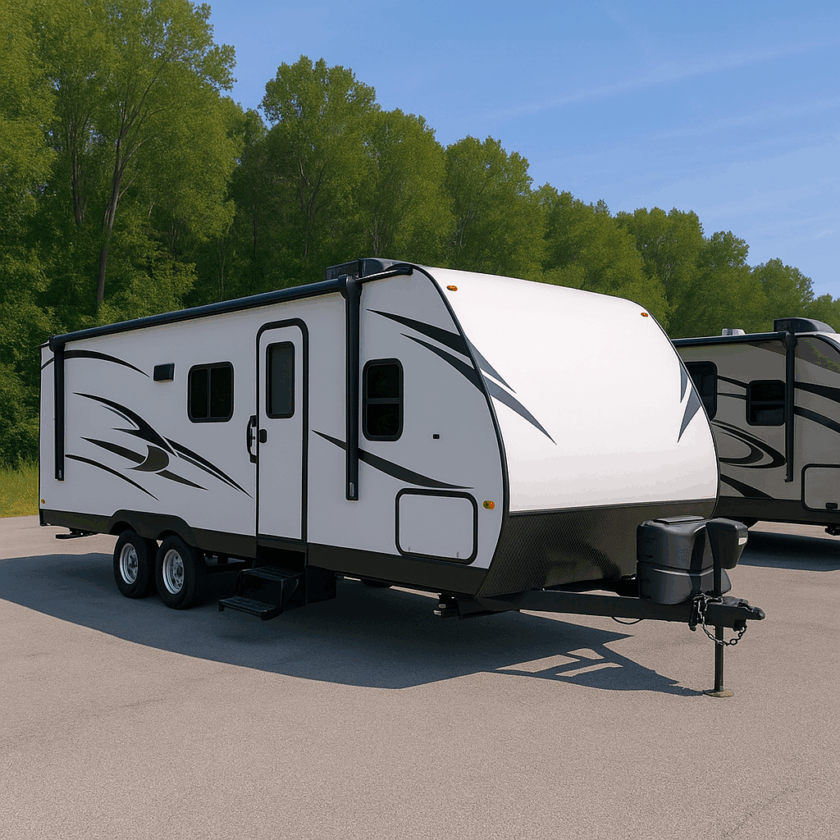 White RV with black lines