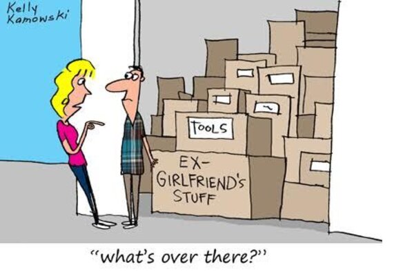 Cartoon illustration of a man standing beside stacked storage boxes labeled “tools” and “ex-girlfriend’s stuff” while a woman asks what is inside.